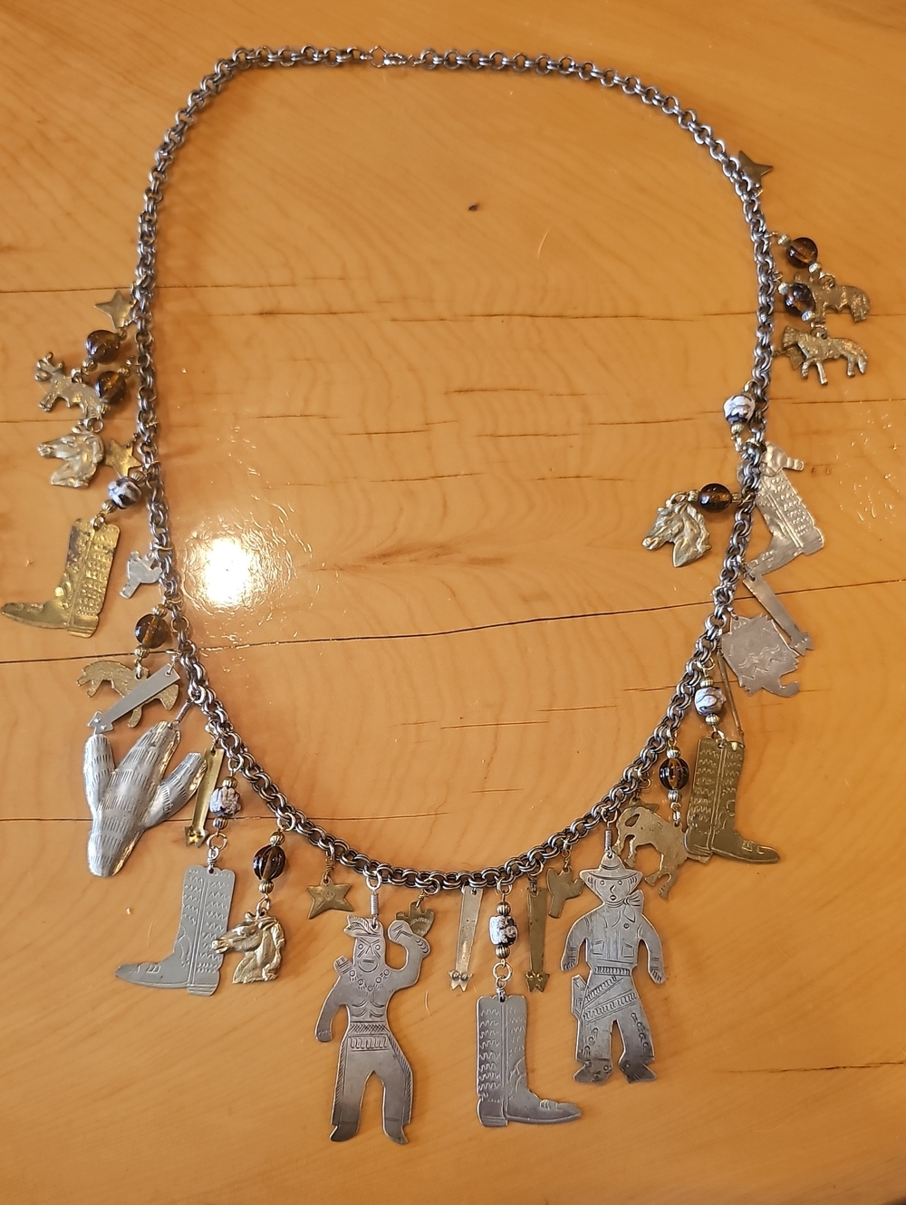 Vintage Mid Century Mexican Silver Western Charm Necklace Cowboy Native American